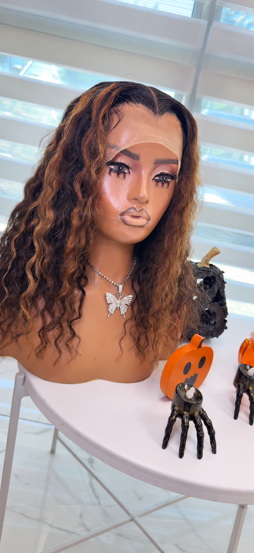 Custom Highlight deep wave wig, angled view