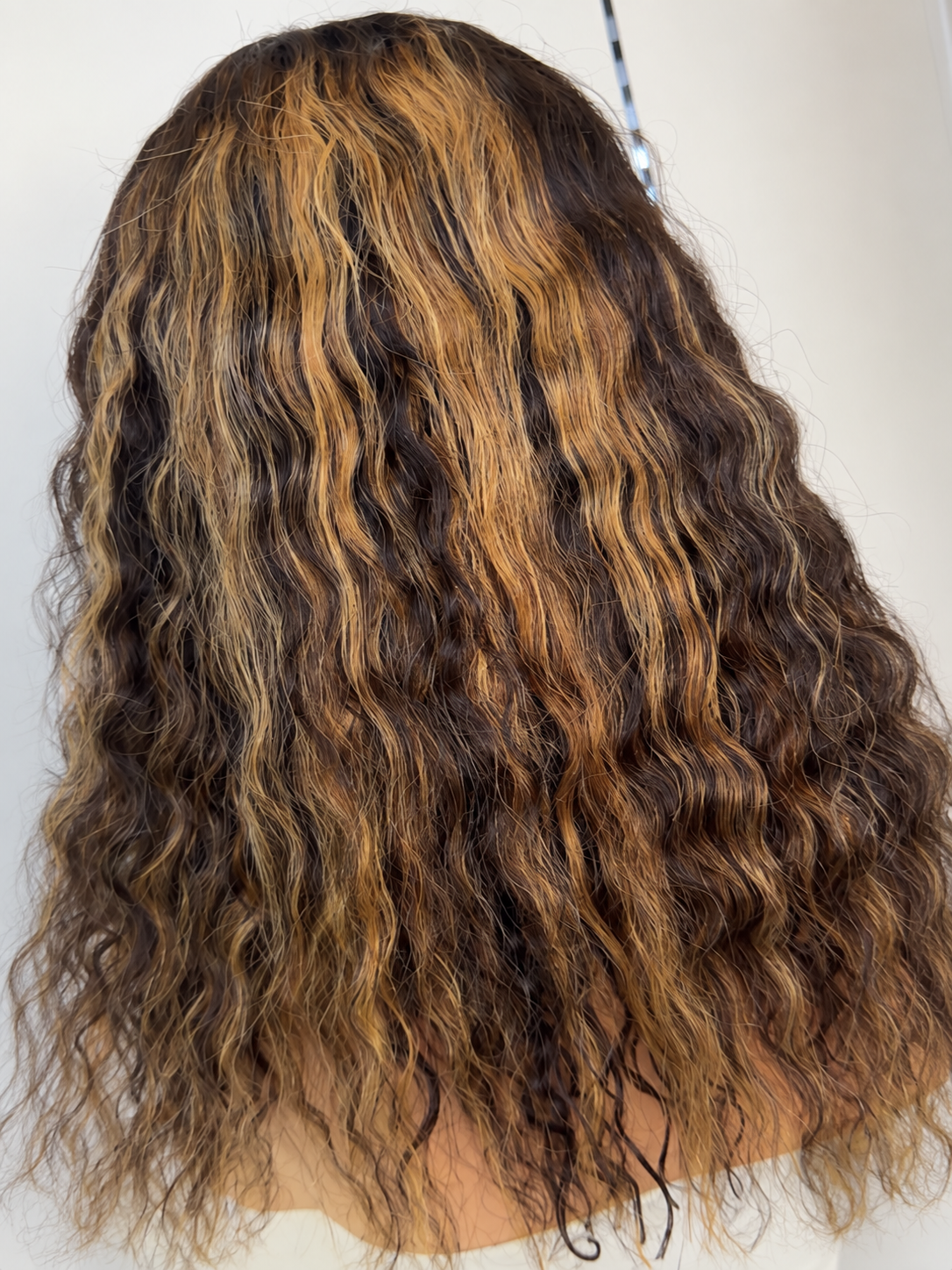 Custom Highlight deep wave wig, back view